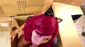 Is this teen redhead's cosplay blowjob with funny faces from a box fuck too intense?