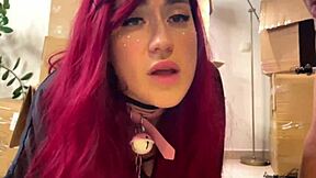 Is this teen redhead's cosplay blowjob with funny faces from a box fuck too intense?