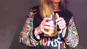 Bonneyuwu in pajamas plays with dildo and plushie on bed