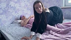 Stepdaughter sneaked into the stepfathers bed and had sex with him in homemade submissive scene.