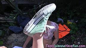 Teen Gets Cum Licked Off In Outdoor Group