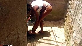 German babe bent over for hard outdoor cumshot action.