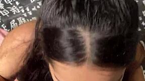 cute and submissive girlfriend giving a deep and sloppy blowjob to a big dick