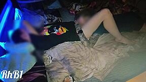 We had sex on a squeaky illuminated hotel bed, moaning with pleasure.