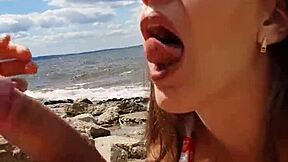 Beautiful Brunette Sucks Cock Outdoors On The River For Cum