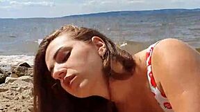 Beautiful Brunette Sucks Cock Outdoors On The River For Cum