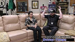 Mara Luv undergoes vibrator exam on shaved pussy with pierced nipples backstage