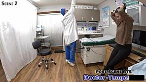 Mara Luv undergoes vibrator exam on shaved pussy with pierced nipples backstage