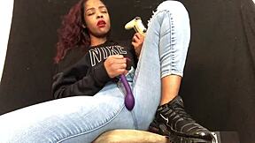 Ebony teen 18+ plays with toys on her pussy and asshole in solo fetish session.