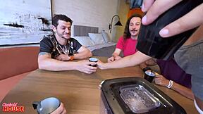 slutty hostess licks shaved pussy in orgy with boyfriend's friends?