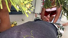 Busty stepdaughter surprises old stepdad with naughty New Year lick! 🎁