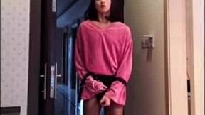 asian ladyboy flashes dick and cums while teasing woman
