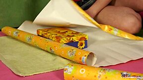 Cute 18yo brunette got a present that made her horny to fuck