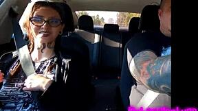 Tattooed chica in hot casting, kissing wild in car to hotel. What a ride!