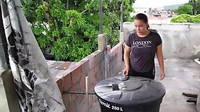 Latina stepsister bends over for doggystyle blowjob and creampie after discovery