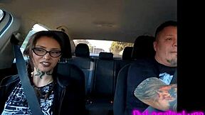 Tattooed chica in hot casting, kissing wild in car to hotel. What a ride!