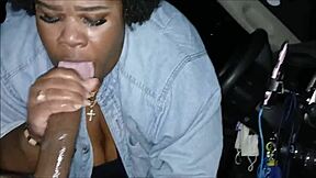 Curly-headed babe gives a great blowjob to big dick stud in her truck, ending with cum in mouth.