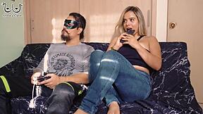 My stepbro push his big cock into my mouth while playing games