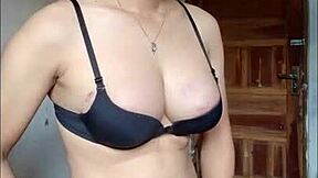 Big tit Asian shemale cums during solo play