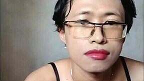 Big tit Asian shemale cums during solo play