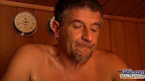 Teen Babe Fucked In Sauna, Sucking Old Cock Suggestively