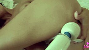 erin o masturbates with hitachi wand, fingering hard nipples to orgasm