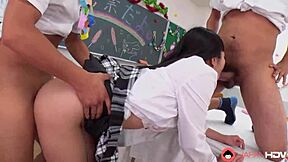 Unbelievable! Japanese Mira Hasegawa's Classroom Threesome Goes Wild!