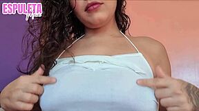 Guided handjob close-up on natural tits, ready to cum loads.