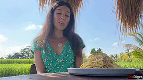 cumwalk in public cafe, eating pasta with sperm on face