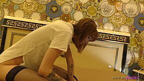 hot tight pussy skinny redhead braless and no panties on the bed gets bored and ignored in black stockings