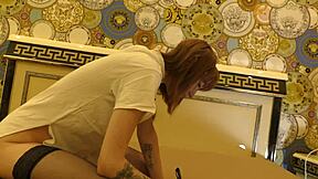 hot tight pussy skinny redhead braless and no panties on the bed gets bored and ignored in black stockings