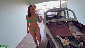 young 18+ redhead fucks in fusca car while cuckold watches blowjob