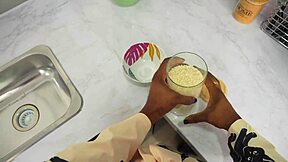 Stepbrother gives birthday surprise in kitchen with tight pussy