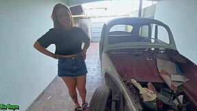 young 18+ redhead fucks in fusca car while cuckold watches blowjob