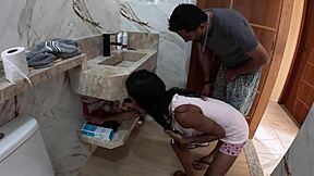 Plumber checks leak, ends up fucking skinny teen's tight ass in quickie.