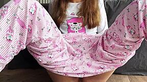 Teen in Pajamas Plays with Small Tits and Squirts Hard