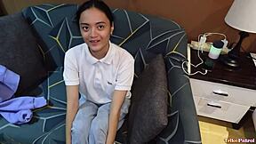 In Trikepatrol, the skinny pale Pinay teen performs oral on the big cock before riding it hard until cum