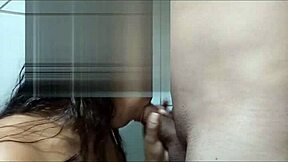 ebony teen takes piss and pays with blowjob on monster cock.