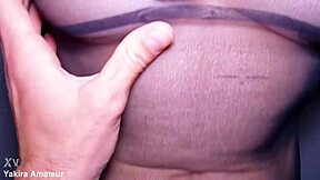 hot asian milf rubs cock with tight hairy pussy in lingerie!