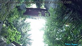 Japanese tourist hesitates over outdoor blowjob with natural boobs.