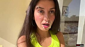 Fit girl finishes training and dives into passionate sex, begging for cum on her face in public - cumwalk