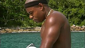 Two guys bang the South American babe on the yacht in the sea bay