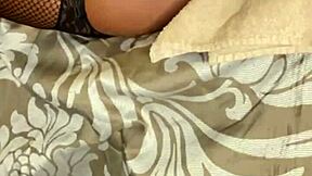 Nasty ebony nympho Barbie Charlie plays with her wet pink pussy using a dildo until she squirts.