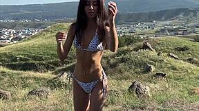 Guys catch village slut sunbathing naked, resist fucking her juicy pussy in pov face fucking