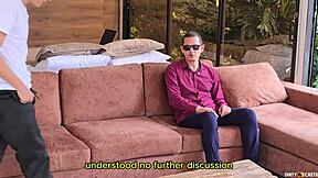 Fucking Blind Man's Daughter Beside Him, Cum Lands On Him