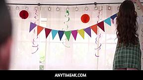 Hot teen step sisters threesome with stepdad on birthday