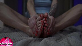 Sexy teen played with oiled feet close up