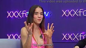 Teen Karolin Gomez chats about her first porn, then fucks the famous pipe boy