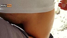 Cumming in my panties and wearing them before going to the mountains with friend and monster cock outdoor