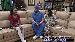 dr. tampa performs an entrance physical on solana, spreading her shaved pussy.